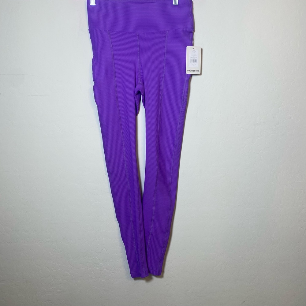 Women Year of Ours Bold Purple Ribbed Leggings Sz L NWT